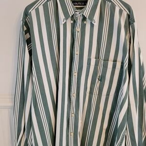 Nautica Green and White Striped Men's Shirt